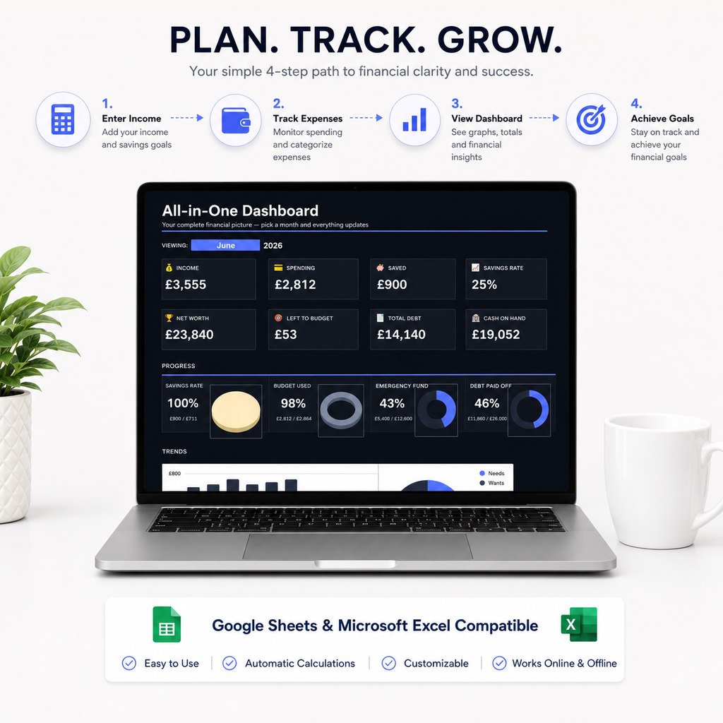 Annual Budget Planner Spreadsheet – Dark Edition | Google Sheets &amp; Excel | Expense, Debt &amp; Savings Tracker