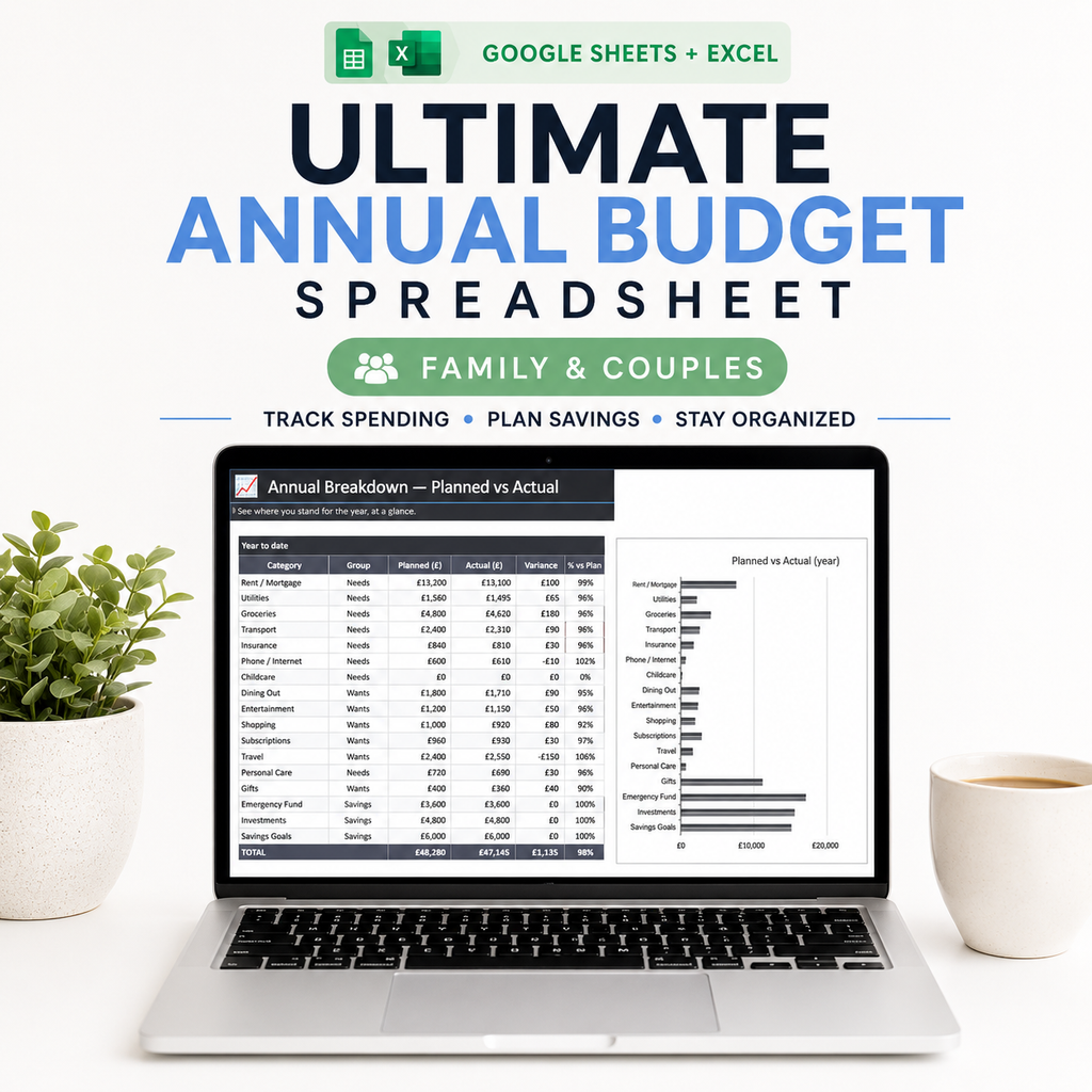 Ultimate Annual Budget Spreadsheet | Google Sheets &amp; Excel Budget Planner, Expense &amp; Debt Tracker