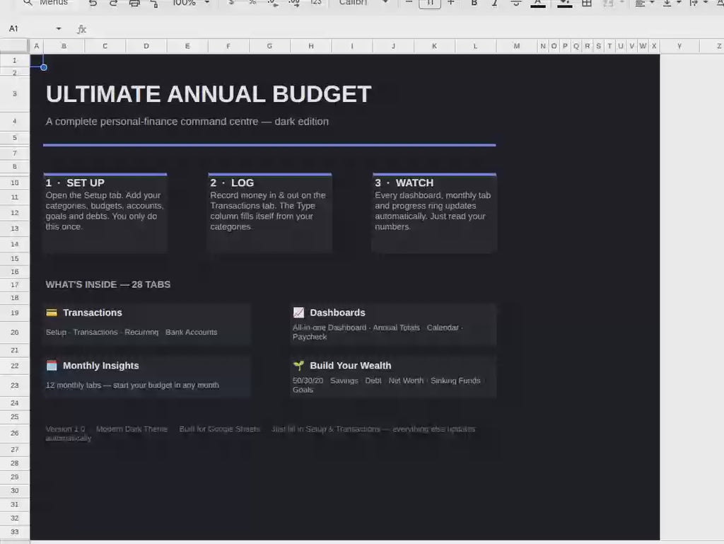Annual Budget Planner Spreadsheet – Dark Edition | Google Sheets &amp; Excel | Expense, Debt &amp; Savings Tracker